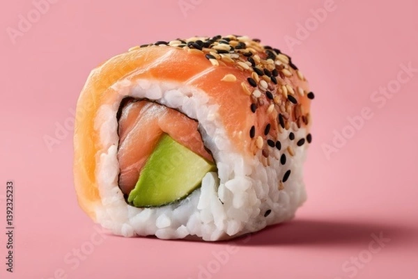 Fototapeta Sushi roll with salmon, avocado and sesame seeds, close-up of Japanese food on pink background, fresh sushi maki with rice, seaweed and raw fish