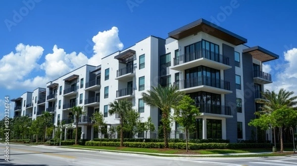 Fototapeta Chic urban apartment complex featuring clear glass railings and clean architectural lines beneath a bright blue sky.