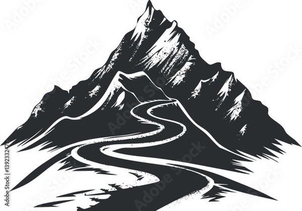 Fototapeta Black and white illustration of a mountain with a winding path, conveying adventure and exploration.