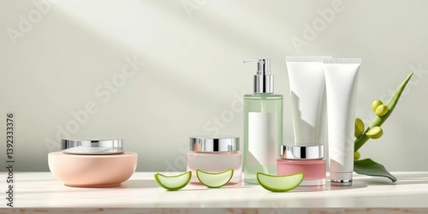 Obraz Elegant aloe vera cosmetics set Pastel minimalist design, soft textures, moisturizing, serenity