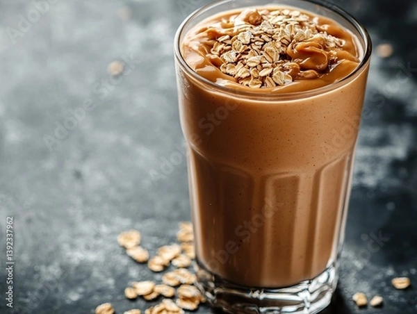 Obraz A high-protein peanut butter smoothie with a thick texture, served in a tall glass with oats sprinkled on top.