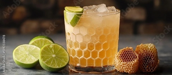 Obraz A high-contrast, minimalist setup with a single glass of honey lime cooler, lime slices and honeycomb arranged artistically beside it.