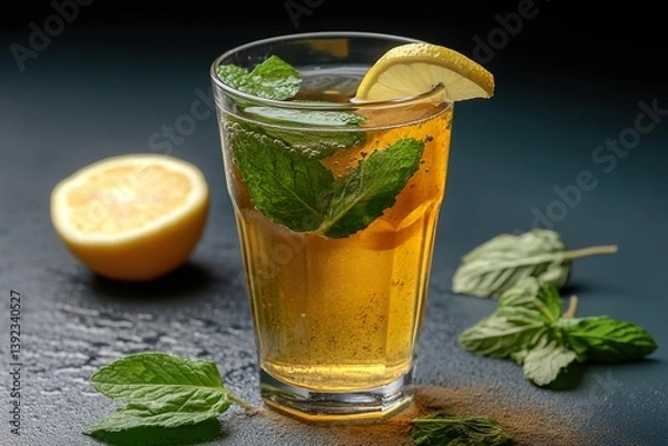 Obraz A glass of chilled jaljeera water with floating mint leaves, cumin powder, and a lemon slice on the rim.