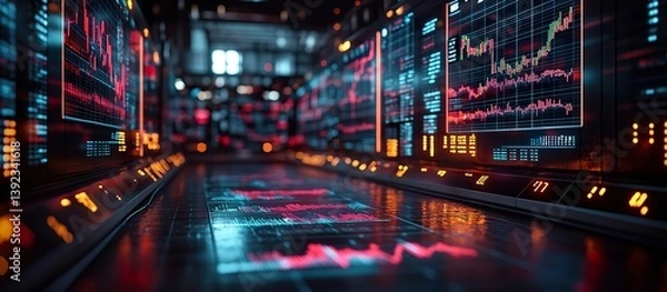 Obraz A futuristic stock exchange floor with floating digital graphs displaying fluctuating market capitalization values in a neon-lit trading hub.