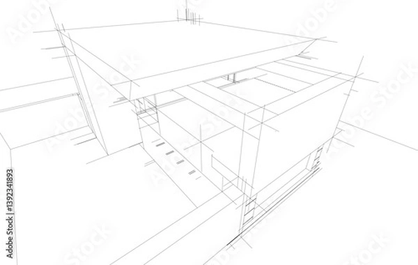 Fototapeta Futuristic Architectural Wireframe. Abstract Modern Building Design in Digital Sketch Style