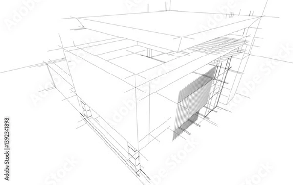 Fototapeta Futuristic Architectural Wireframe. Abstract Modern Building Design in Digital Sketch Style