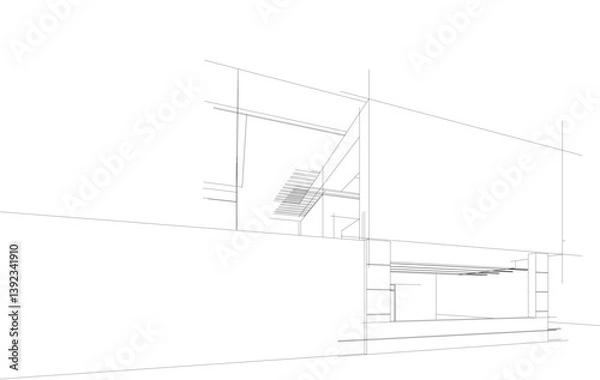 Fototapeta Futuristic Architectural Wireframe. Abstract Modern Building Design in Digital Sketch Style