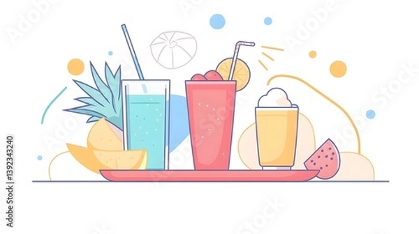 Fototapeta flat minimal outline of summer drinks on a tray, abstract modern line style with pastel color hints,