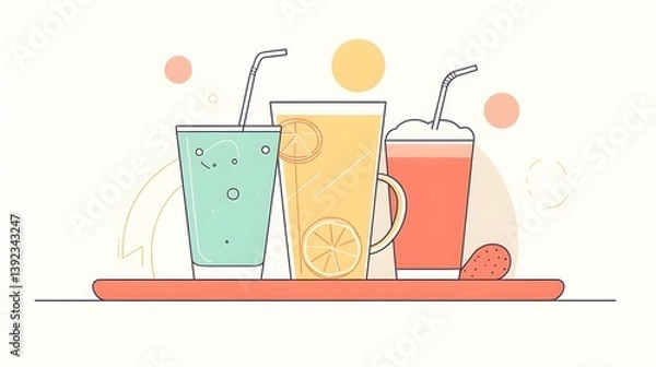 Fototapeta flat minimal outline of summer drinks on a tray, abstract modern line style with pastel color hints,