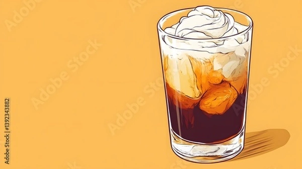Fototapeta outline of cold brew coffee glass with cream swirl, right alignment, warm background with open left for copy,