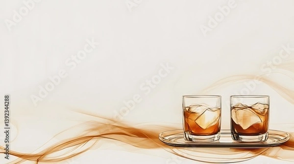 Fototapeta abstract tray of drinks in single-line drawing on right side, warm tone with elegant space on left for branding,