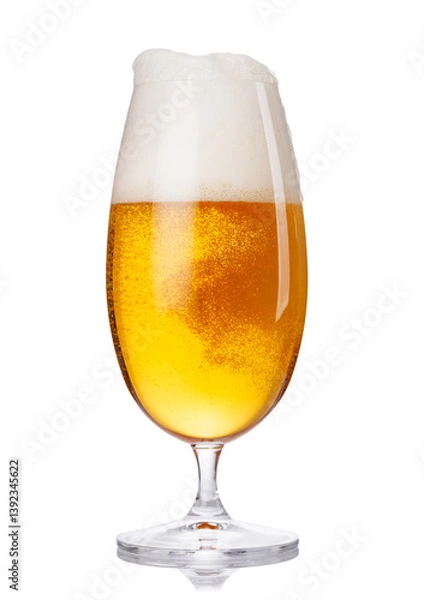 Fototapeta A tall glass of beer with a golden hue and frothy head, isolated on a clean white background