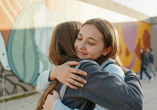 Obraz Two students are embracing each other, expressing friendship and support in a school environment