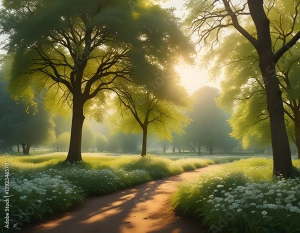 Fototapeta idyllic meadow path with dappled sunlight