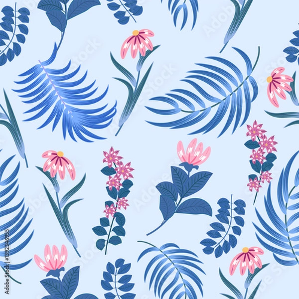Fototapeta Seamless pattern with bright flowers and tropical leaves of palm tree on black background. Botany vector background, jungle wallpaper.