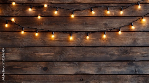 Obraz Festive string lights and snow-dusted garland on weathered wood wall, warm glowing bulbs for winter holidays, Christmas decoration, seasonal backdrop, or rustic celebration design use

