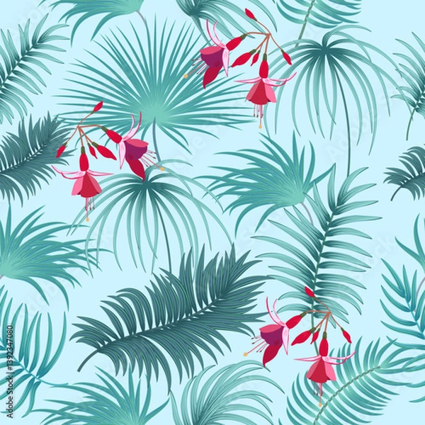 Fototapeta Vector seamless pattern with green palm leaves and flowers, jungle background.