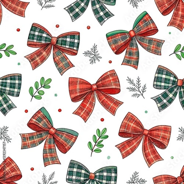 Fototapeta Festive Red Green Plaid Bows Seamless Pattern Design art gift decor style print merry     
