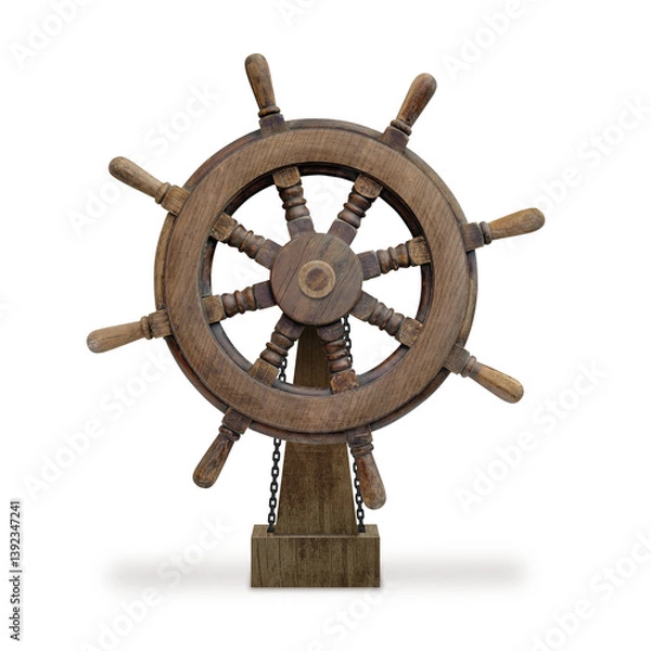 Fototapeta A wooden ship's steering wheel, commonly used on boats for navigation and control.
