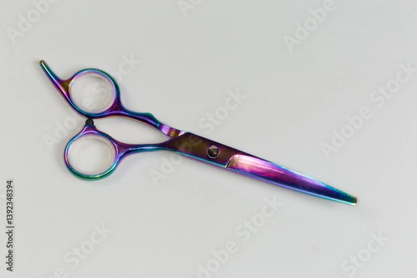 Fototapeta Stainless steel hair scissors of chameleon color on gray surface