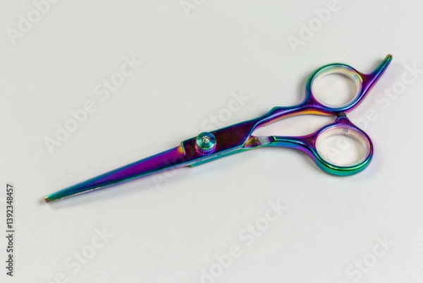 Fototapeta Stainless steel hair scissors of chameleon color on gray background