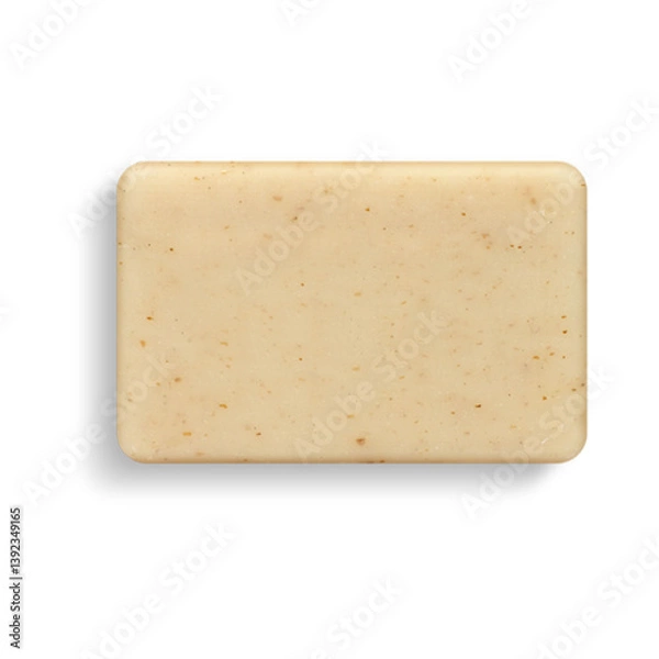 Obraz A smooth, rectangular bar of soap with a light beige color and specks, designed for personal hygiene and cleansing.