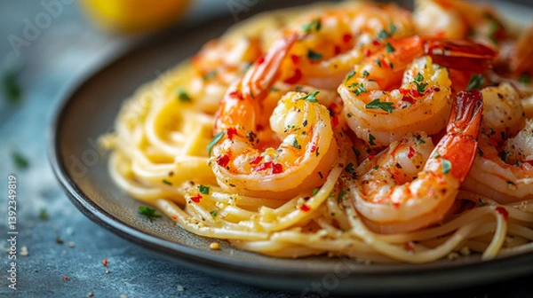 Fototapeta Close-up of a plate of spaghetti with succulent shrimp, tossed in a vibrant sauce, garnished with parsley and red pepper flakes. A culinary delight.