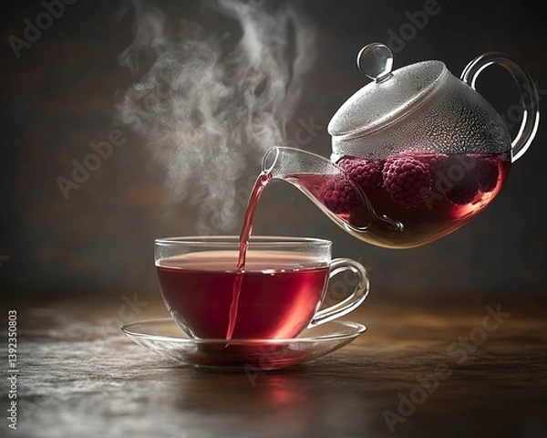 Obraz A minimalist aesthetic with a clear glass teapot pouring deep red raspberry tea into an elegant cup, steam rising softly.