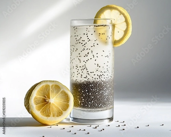Obraz A minimalistic composition featuring a tall glass of chia seed lemonade on a white background, with chia seeds artistically scattered.