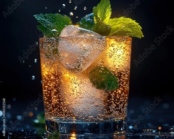 Obraz A lightly carbonated mint and lemongrass herbal drink with ice and bubbles rising to the surface, glowing under soft lighting.