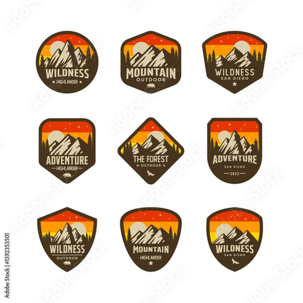 Obraz Vintage Outdoor camp and Mountain Logo Badges. Mountain logo vector template collection