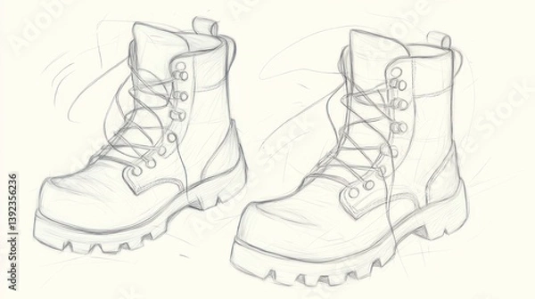 Fototapeta Sketch of sturdy boots, laced, on white background