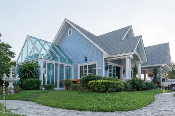Fototapeta Bright blue house in sunlght with colorful poppies and some graceful trees.