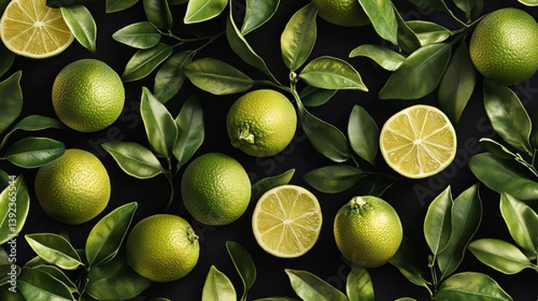 Fototapeta  Fresh green limes with vibrant leaves on dark background, citrus fruit layout ideal for summer drinks, health food designs, organic lifestyle visuals, vitamin concepts and tropical kitchen content