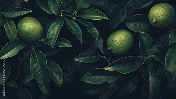 Fototapeta  Fresh green limes with vibrant leaves on dark background, citrus fruit layout ideal for summer drinks, health food designs, organic lifestyle visuals, vitamin concepts and tropical kitchen content