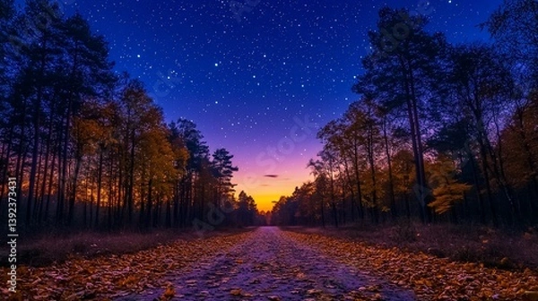 Fototapeta Enchanted twilight forest road with a celestial array of sparkling stars