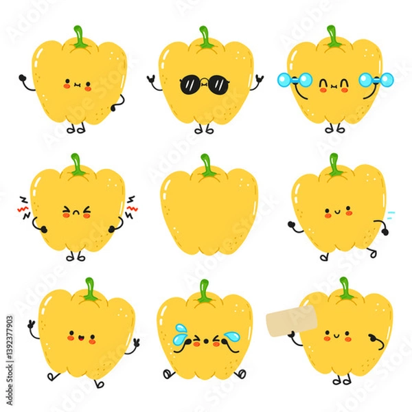 Fototapeta Various cartoon yellow bell peppers expressing different moods and actions in a cute and funny way.