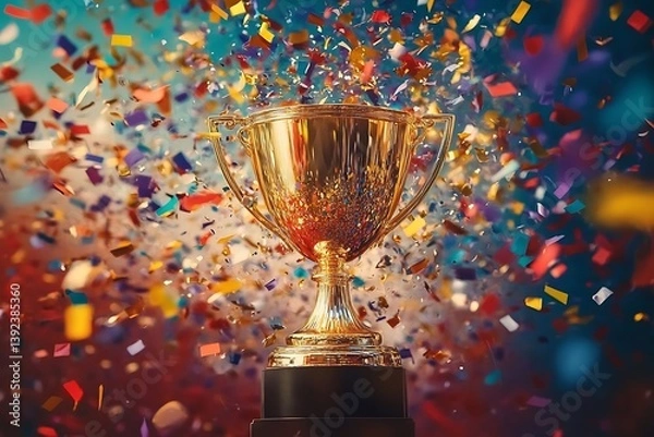 Obraz A gleaming gold winners trophy cup takes center stage, surrounded by a festive explosion of colorful celebration confetti and sparkling glitter, symbolizing victory and success in a competition.