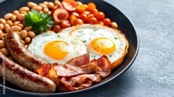 Fototapeta Full English breakfast with eggs bacon sausage and beans on dark background hearty morning meal 