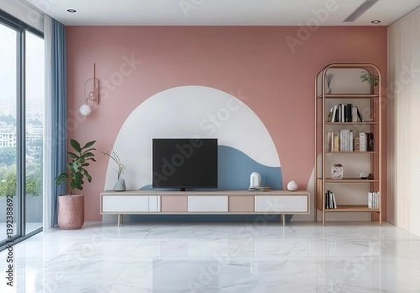 Fototapeta Modern, elegant and aesthetic TV room interior, large windows, beautiful wall paintings on the wall behind the TV, modern TV table, books neatly arranged on the shelf next to the TV, pots in the corne