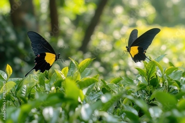 Fototapeta Diverse butterflies interacting in a lush tea plantation setting Generative AI