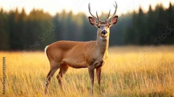 Fototapeta Wild deer standing in tall grass with forest behind golden hour summer light serene woodland scene 