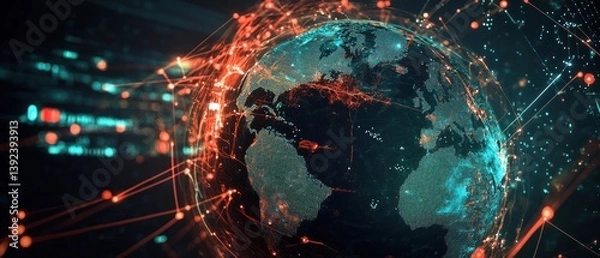 Fototapeta Digital visualization of Earth surrounded by glowing data connections and networks