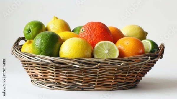 Fototapeta Basket of Fresh Citrus Fruits: Lemons, Limes, and Oranges on White