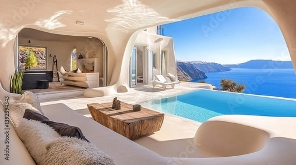 Fototapeta Stunning luxury villa with infinity pool overlooking Aegean Sea in Santorini