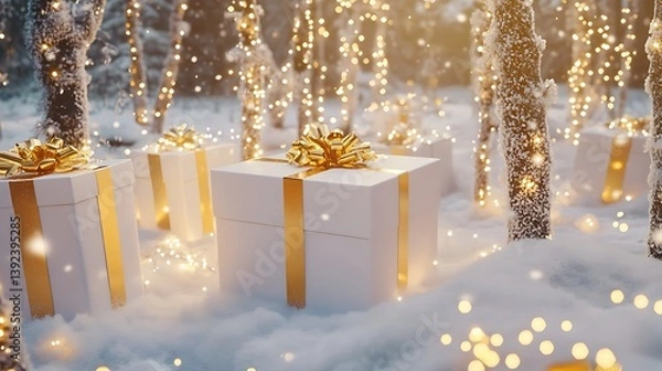 Fototapeta A serene winter landscape featuring beautifully wrapped gifts with golden bows amidst a snowy forest illuminated by sparkling lights