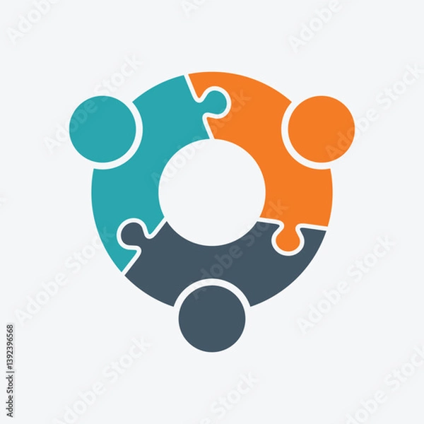 Obraz A modern circular logo design featuring three puzzle pieces in teal, orange and slate blue with coordinating human figures representing teamwork and integrated solutions.