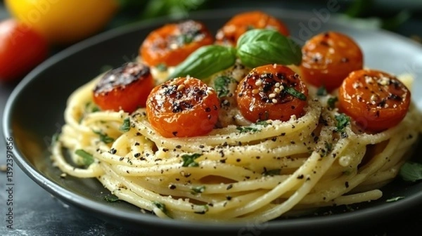 Fototapeta Elegant spaghetti dish with roasted cherry tomatoes and fresh basil garnish