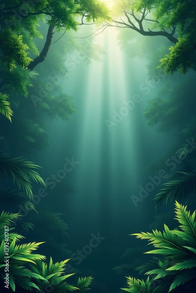 Fototapeta Environmental awareness day. Sunlight streams through a lush forest canopy onto vibrant greenery.