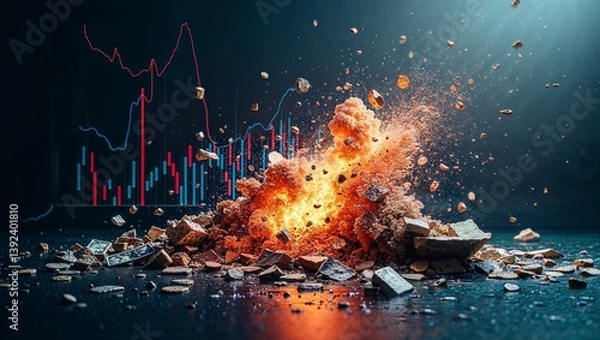 Fototapeta Economic Impact Visualization – Explosions, cracks, and collisions represent the harmful effects of tariffs on economies.